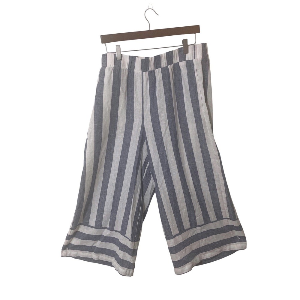 New York & Company Striped Linen Blend Wide Leg Pants L Blue White Coastal